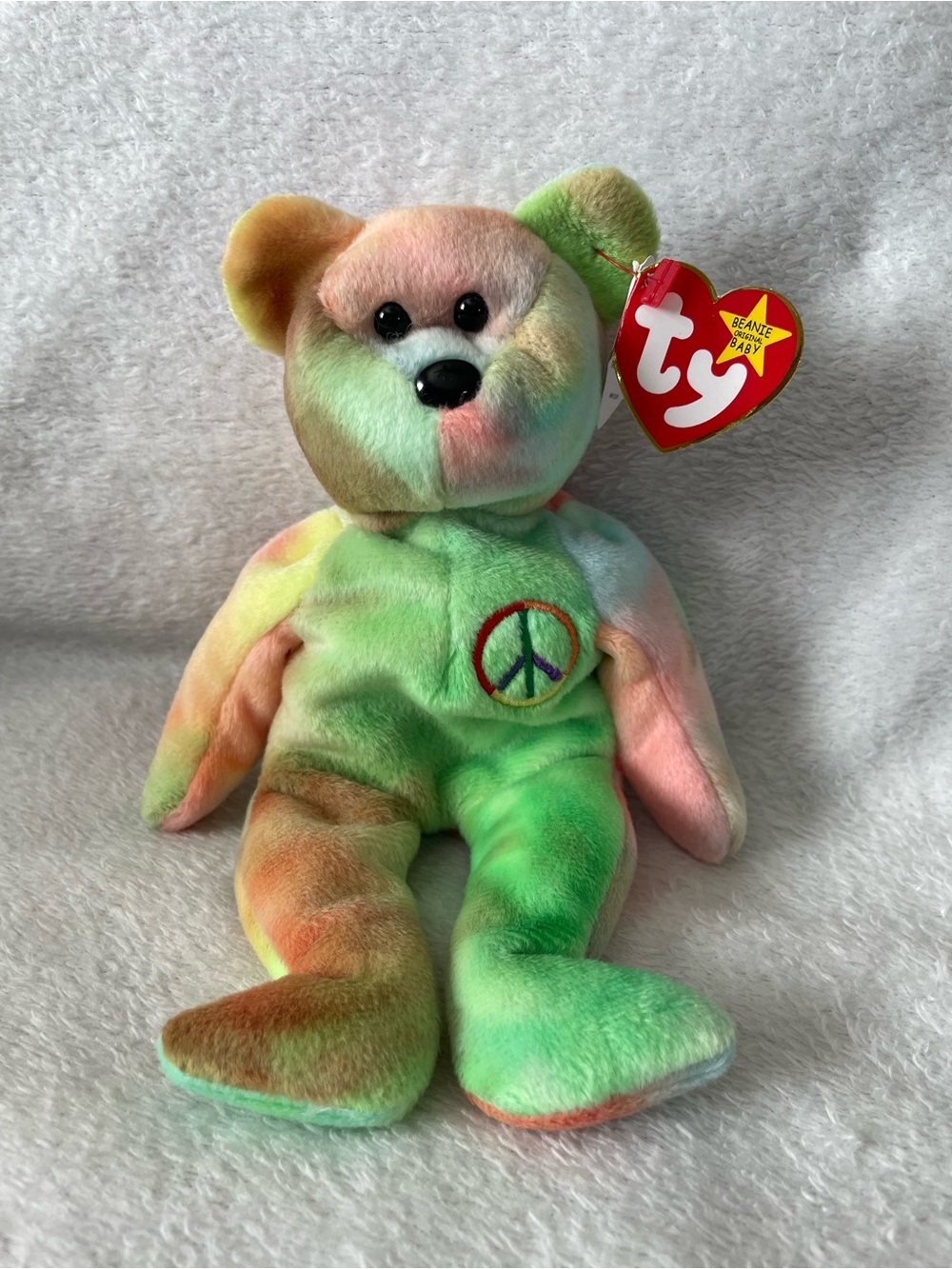 1996 Tag Error PE Pellets Ty Multicolor Tie-Dye Peace Bear Plush